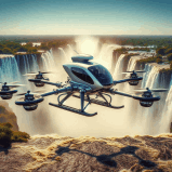 Air Taxi hovering above water fall with spectacular view