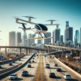 Powered Lift aircraft above heavy traffic on highway