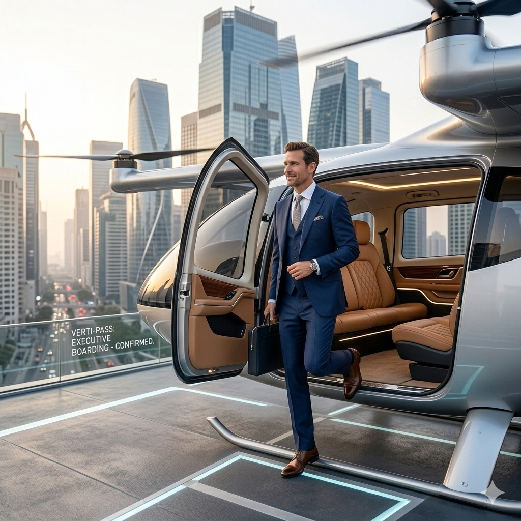 Corporate air taxi landing on executive building in Paris