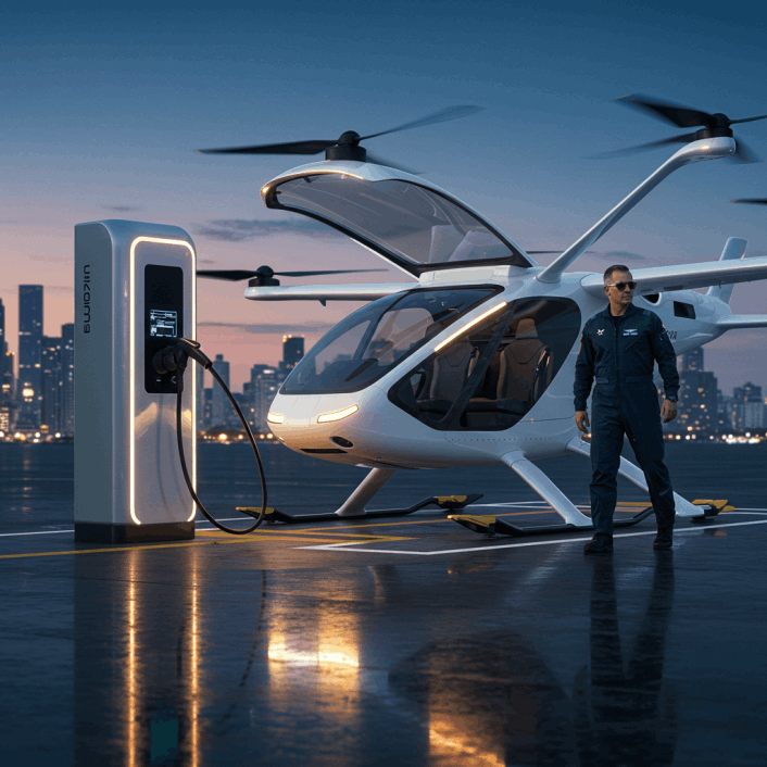 Air Taxi with pilot at a charging station