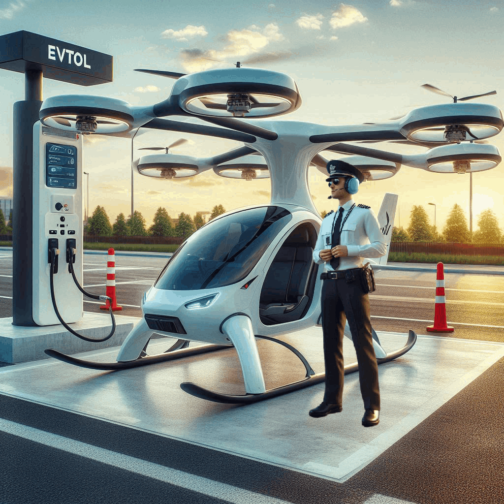 Air Taxi at a charging station with pilot